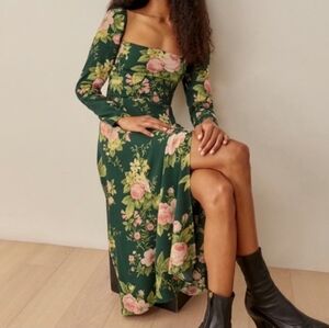 Reformation Sigmund Long Sleeve Midi Slit Dress Green Floral Size 6 Wedding